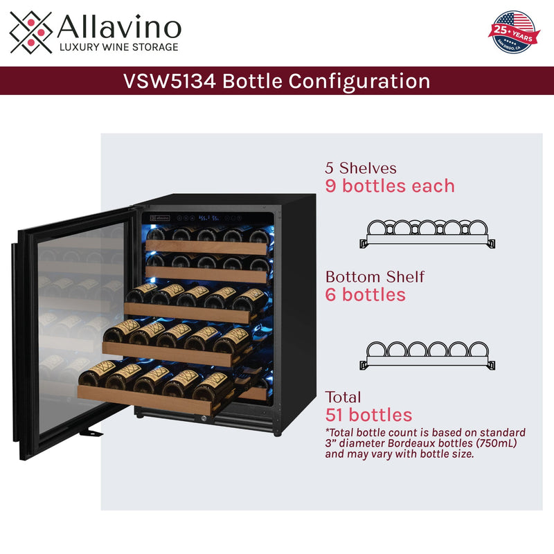 Reserva Series - 51 Bottle Single Zone Built-in Luxury Wine Refrigerator with Black Door - Left Hinge Allavino