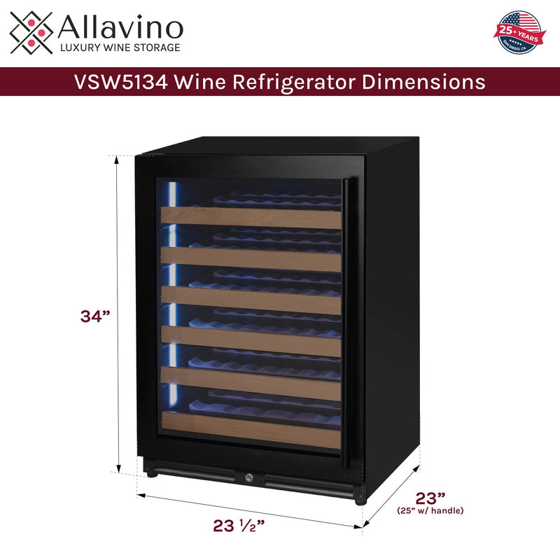 Reserva Series - 51 Bottle Single Zone Built-in Luxury Wine Refrigerator with Black Door - Left Hinge Allavino
