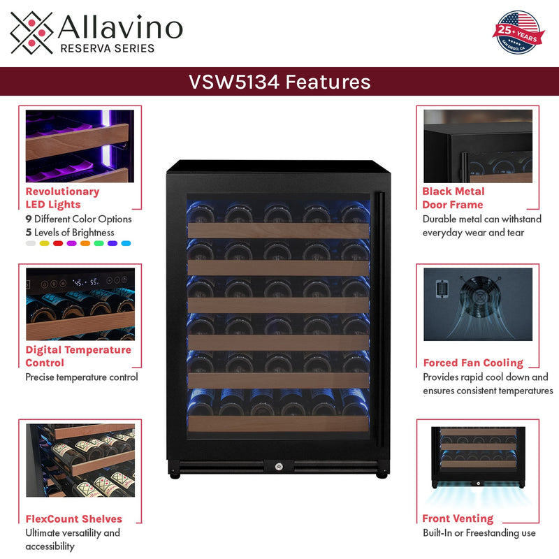 Reserva Series - 51 Bottle Single Zone Built-in Luxury Wine Refrigerator with Black Door - Left Hinge Allavino