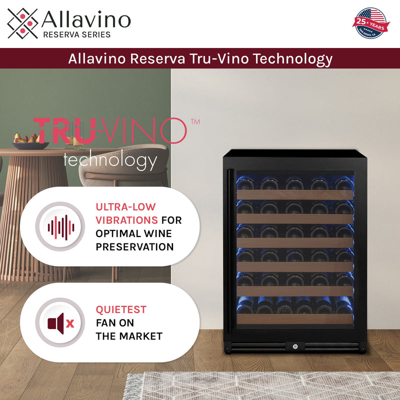 Reserva Series - 51 Bottle Single Zone Built-in Luxury Wine Refrigerator with Black Door - Left Hinge Allavino