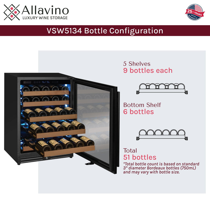 Reserva Series - 51 Bottle Single Zone Built-in Luxury Wine Refrigerator with Black Door - Right Hinge Allavino