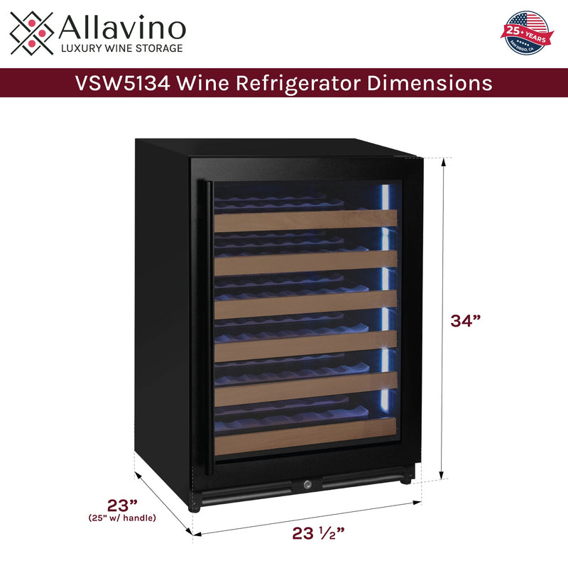 Reserva Series - 51 Bottle Single Zone Built-in Luxury Wine Refrigerator with Black Door - Right Hinge Allavino