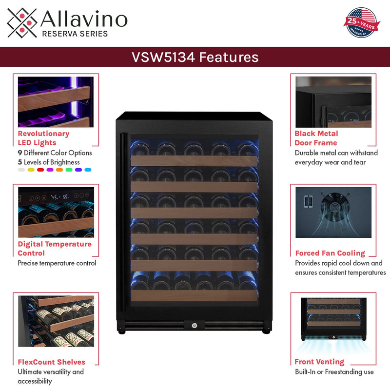 Reserva Series - 51 Bottle Single Zone Built-in Luxury Wine Refrigerator with Black Door - Right Hinge Allavino