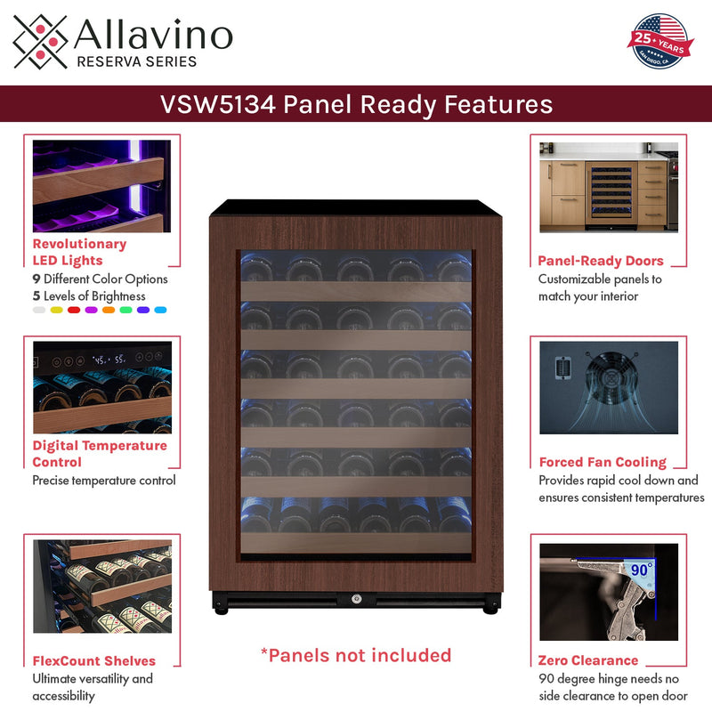 Reserva Series 51 Bottle Single Zone Built-in Luxury Wine Refrigerator with Panel Ready Overlay Door - Left Hinge Allavino