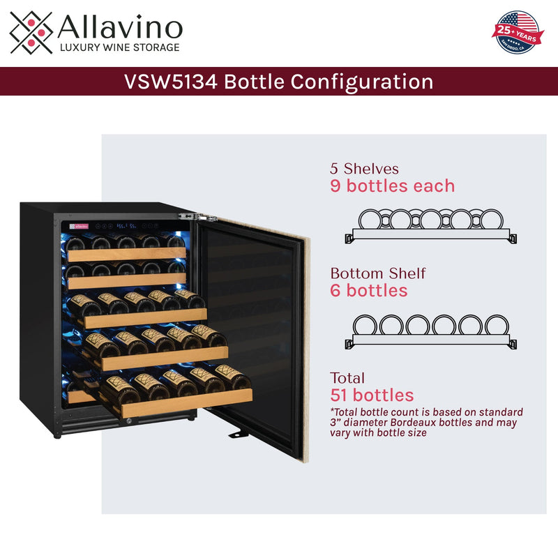 Reserva Series 51 Bottle Single Zone Built-in Luxury Wine Refrigerator with Panel Ready Overlay Door - Right Hinge Allavino