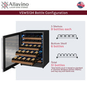 Reserva Series - 51 Bottle Single Zone Built-in Luxury Wine Refrigerator with Stainless Steel Door - Left Hinge Allavino