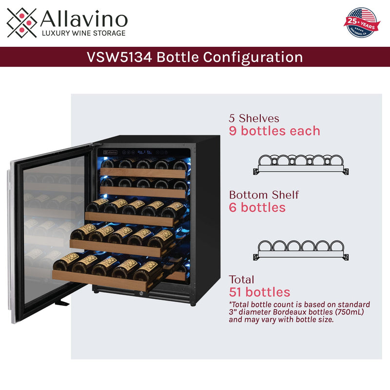 Reserva Series - 51 Bottle Single Zone Built-in Luxury Wine Refrigerator with Stainless Steel Door - Left Hinge Allavino