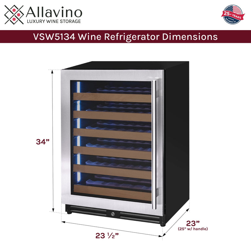 Reserva Series - 51 Bottle Single Zone Built-in Luxury Wine Refrigerator with Stainless Steel Door - Left Hinge Allavino