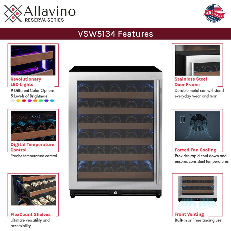 Reserva Series - 51 Bottle Single Zone Built-in Luxury Wine Refrigerator with Stainless Steel Door - Left Hinge Allavino