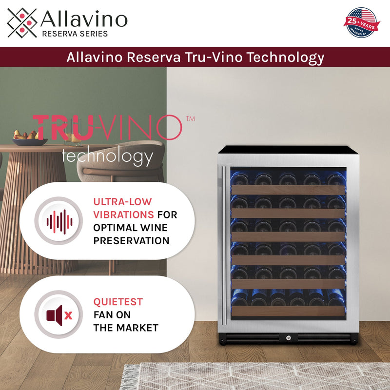 Reserva Series - 51 Bottle Single Zone Built-in Luxury Wine Refrigerator with Stainless Steel Door - Left Hinge Allavino
