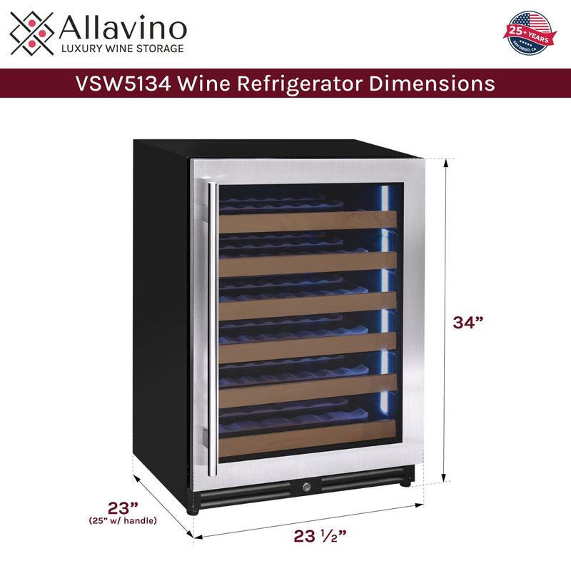 Reserva Series - 51 Bottle Single Zone Built-in Luxury Wine Refrigerator with Stainless Steel Door - Right Hinge Allavino