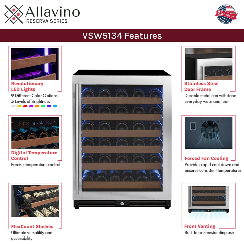 Reserva Series - 51 Bottle Single Zone Built-in Luxury Wine Refrigerator with Stainless Steel Door - Right Hinge Allavino