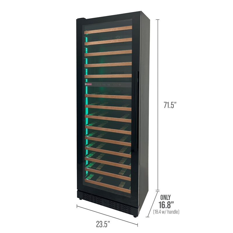 Reserva Series 67 Bottle 71" Tall Dual Zone Left Hinge Black Shallow Wine Refrigerator with Wood Front Shelves Allavino