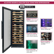 Reserva Series 67 Bottle 71" Tall Dual Zone Left Hinge Black Shallow Wine Refrigerator with Wood Front Shelves Allavino