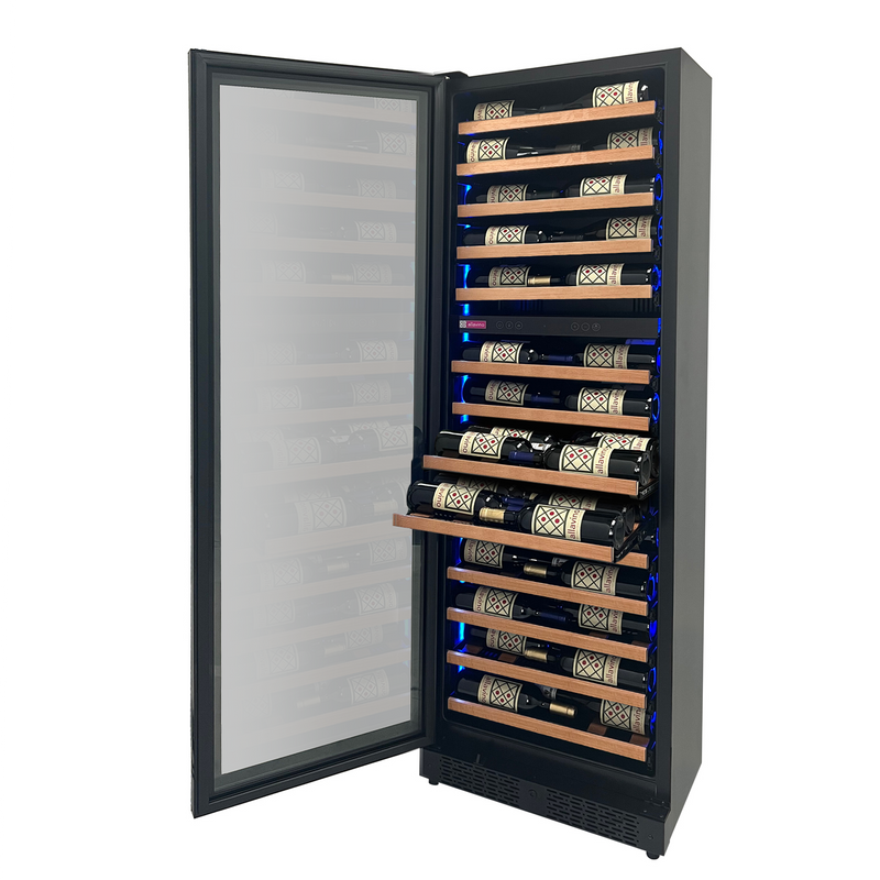Reserva Series 67 Bottle 71" Tall Dual Zone Left Hinge Black Shallow Wine Refrigerator with Wood Front Shelves Allavino