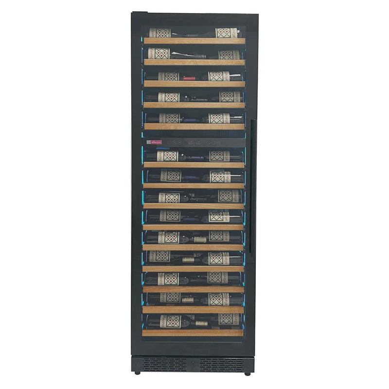 Reserva Series 67 Bottle 71" Tall Dual Zone Left Hinge Black Shallow Wine Refrigerator with Wood Front Shelves Allavino