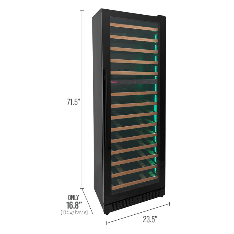 Reserva Series 67 Bottle 71" Tall Dual Zone Right Hinge Black Shallow Wine Refrigerator with Wood Shelf Fronts Allavino