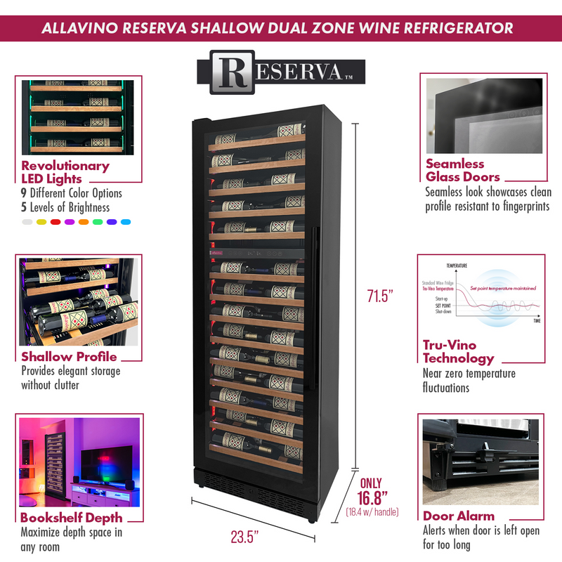 Reserva Series 67 Bottle 71" Tall Dual Zone Left Hinge Black Shallow Wine Refrigerator with Wood Front Shelves Allavino