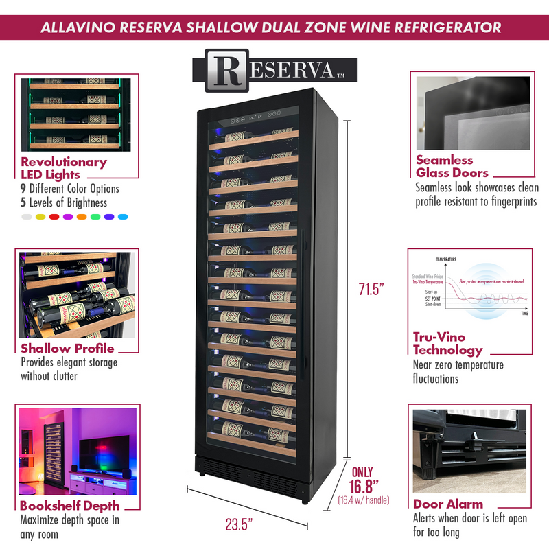 Reserva Series 67 Bottle 71" Tall Single Zone Left Hinge Black Shallow Wine Refrigerator with Wood Front Shelves Allavino
