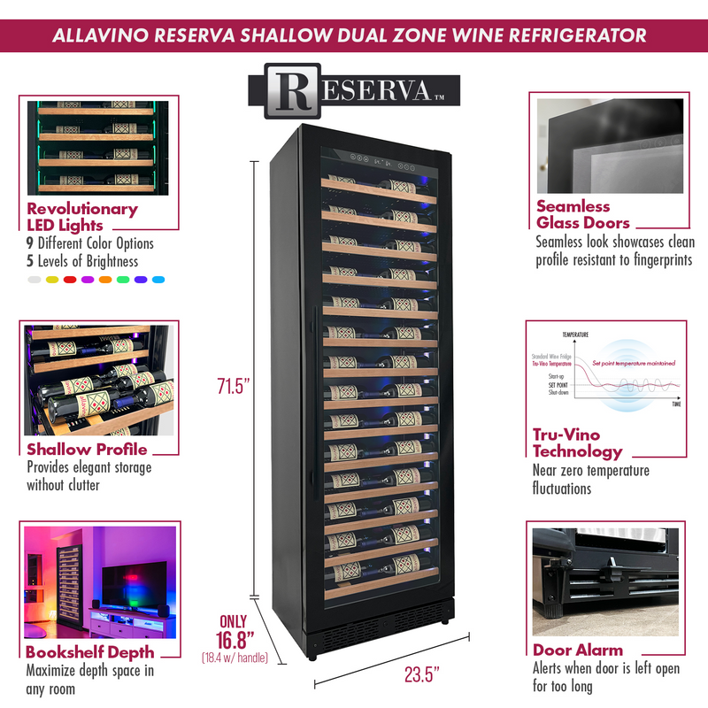 Reserva Series 67 Bottle 71" Tall Single Zone Right Hinge Black Shallow Wine Refrigerator with Wood Front Shelves Allavino