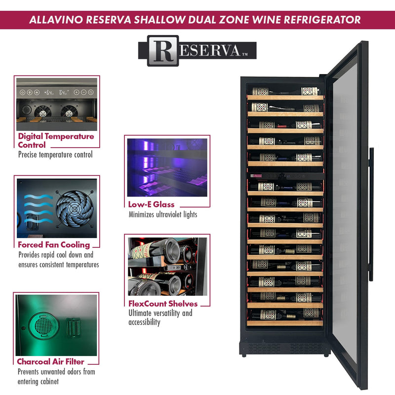 Reserva Series 67 Bottle 71" Tall Dual Zone Right Hinge Black Shallow Wine Refrigerator with Wood Shelf Fronts Allavino