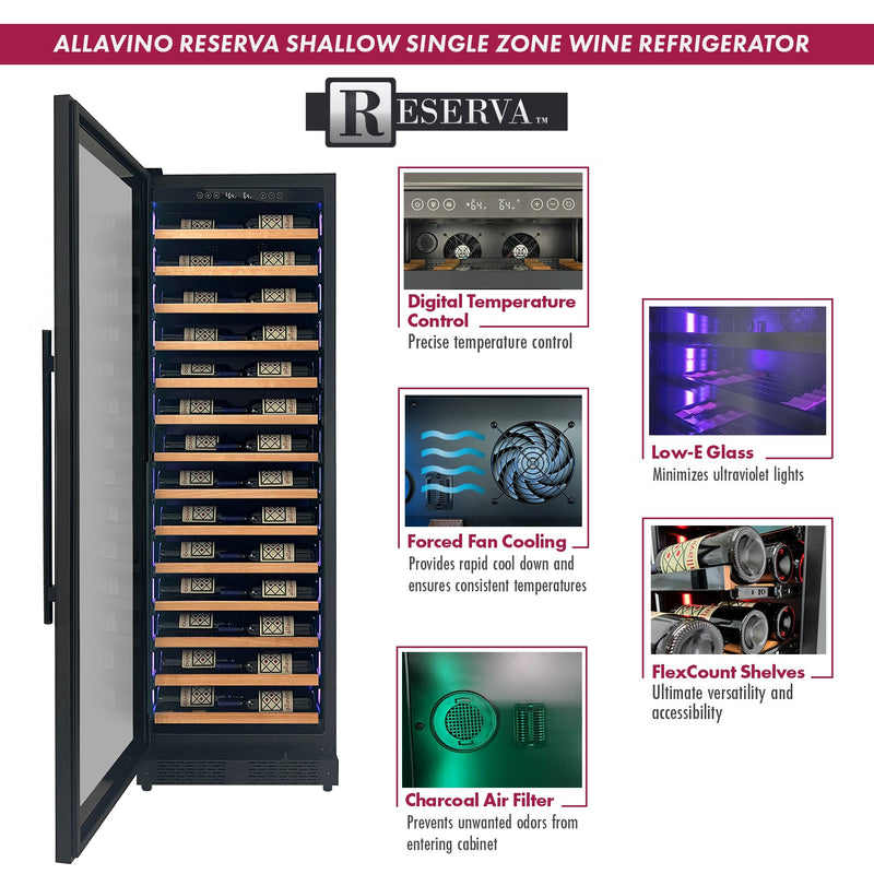 Reserva Series 67 Bottle 71" Tall Single Zone Left Hinge Black Shallow Wine Refrigerator with Wood Front Shelves Allavino