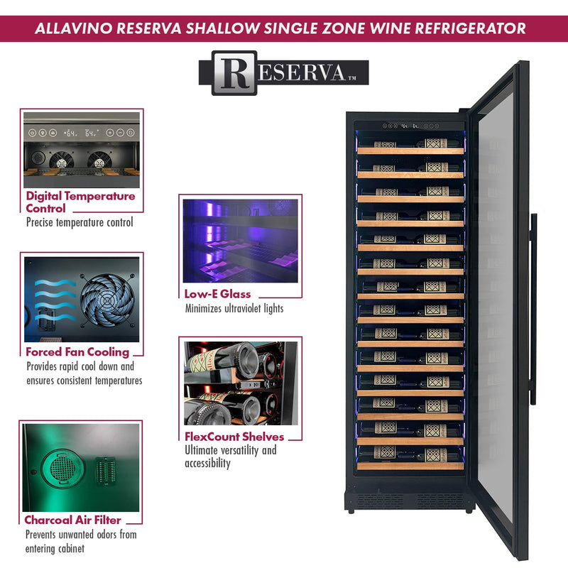 Reserva Series 67 Bottle 71" Tall Single Zone Right Hinge Black Shallow Wine Refrigerator with Wood Front Shelves Allavino