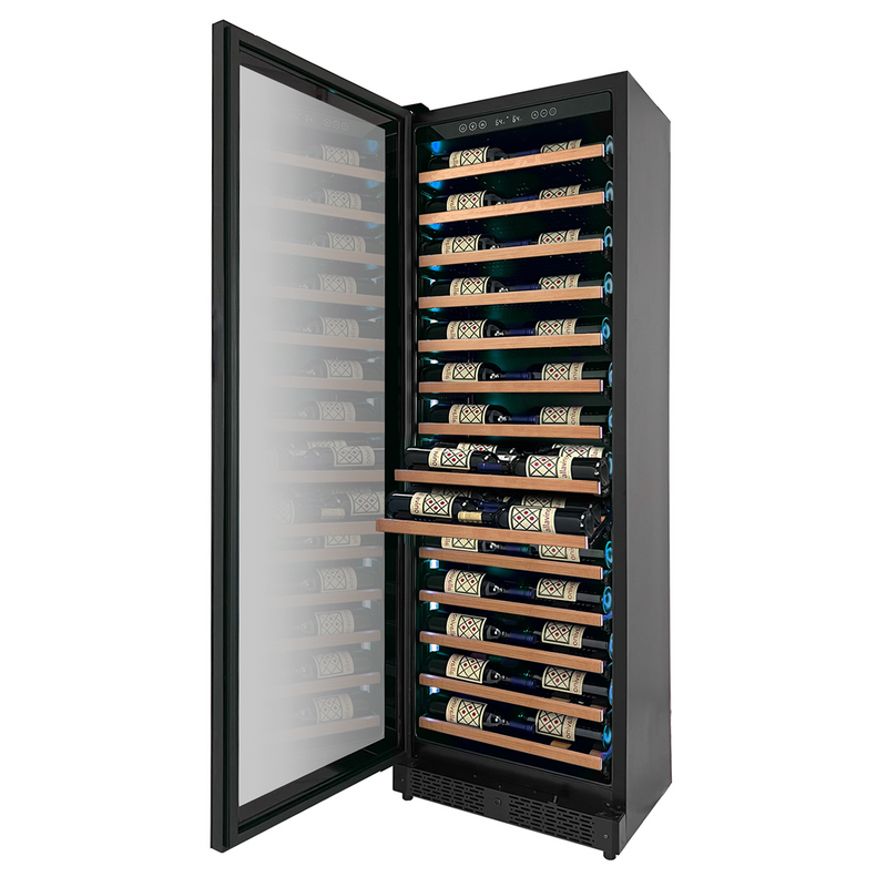 Reserva Series 67 Bottle 71" Tall Single Zone Left Hinge Black Shallow Wine Refrigerator with Wood Front Shelves Allavino