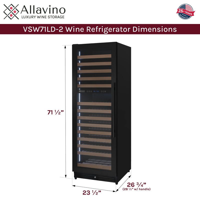 Reserva Series 172 Bottle Dual Zone Built-in Wine Refrigerator with Black Metal Door - Left Hinge Allavino