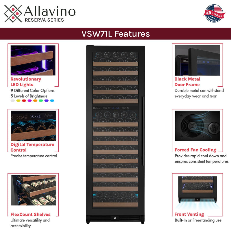 Reserva Series 172 Bottle Dual Zone Built-in Wine Refrigerator with Black Metal Door - Left Hinge Allavino