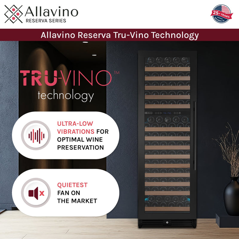 Reserva Series 172 Bottle Dual Zone Built-in Wine Refrigerator with Black Metal Door - Left Hinge Allavino
