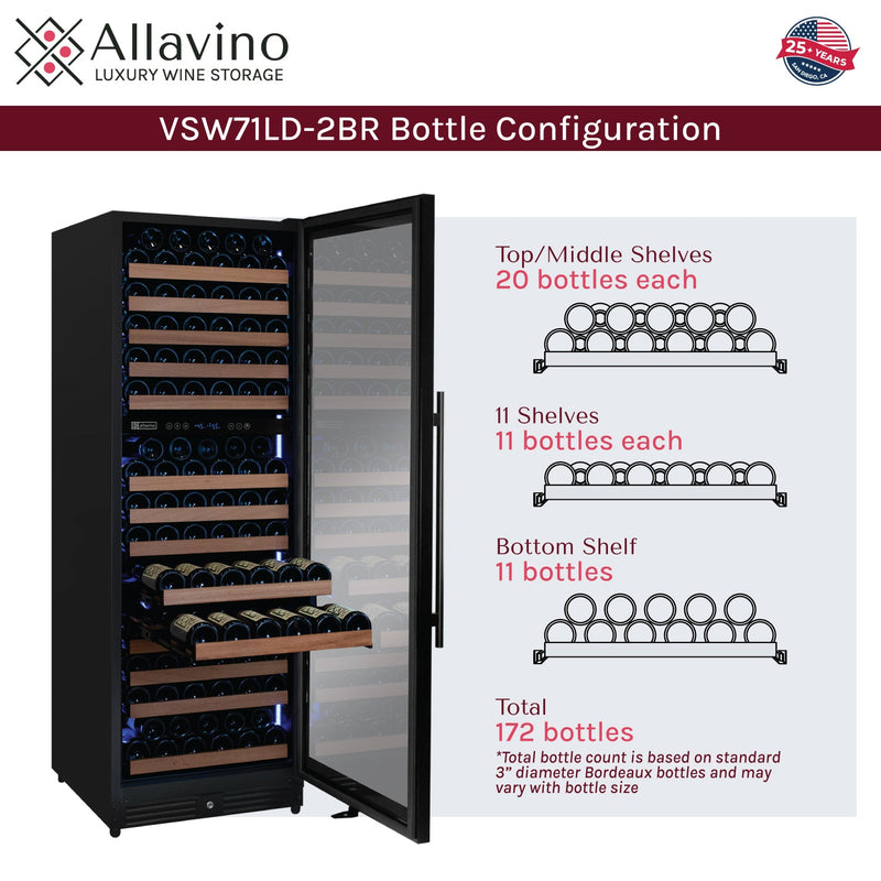 Reserva Series 172 Bottle Dual Zone Built-in Wine Refrigerator with Black Metal Door - Right Hinge Allavino