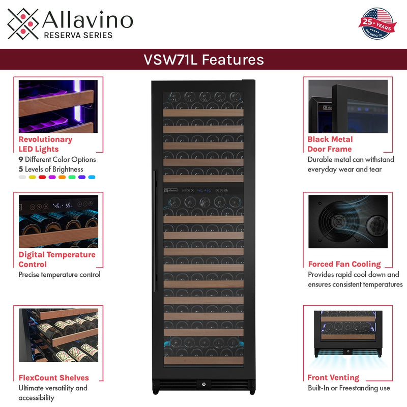 Reserva Series 172 Bottle Dual Zone Built-in Wine Refrigerator with Black Metal Door - Right Hinge Allavino