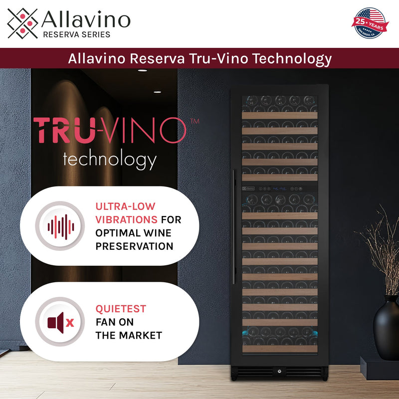 Reserva Series 172 Bottle Dual Zone Built-in Wine Refrigerator with Black Metal Door - Right Hinge Allavino
