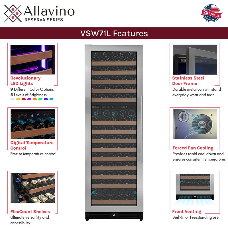 Reserva Series 172 Bottle Dual Zone Built-in Wine Refrigerator with Stainless Steel Door - Left Hinge Allavino