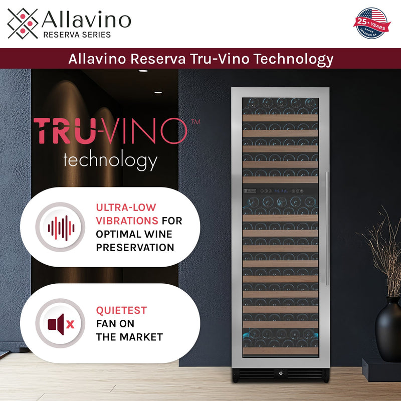 Reserva Series 172 Bottle Dual Zone Built-in Wine Refrigerator with Stainless Steel Door - Left Hinge Allavino