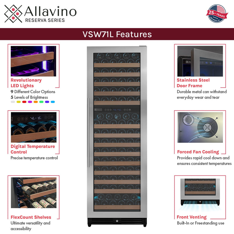 Reserva Series 172 Bottle Dual Zone Built-in Wine Refrigerator with Stainless Steel Door - Right Hinge Allavino