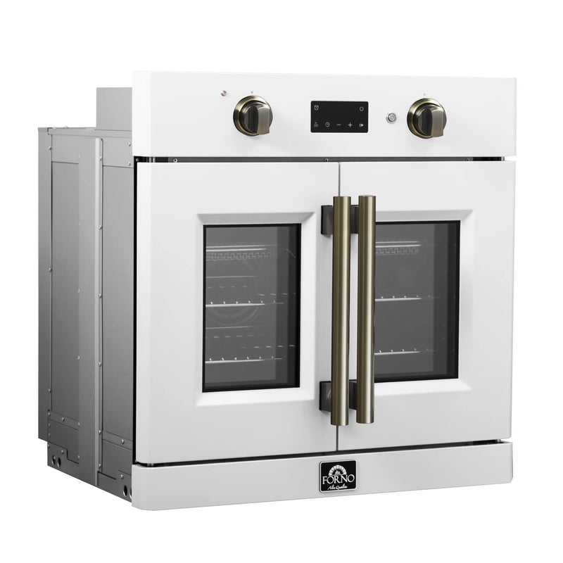 White single wall oven front with brass handles and two dark glass door windows