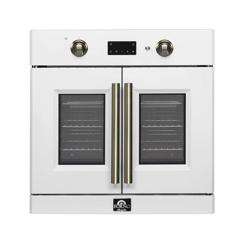 White single wall oven front with two brass vertical handles and dark window