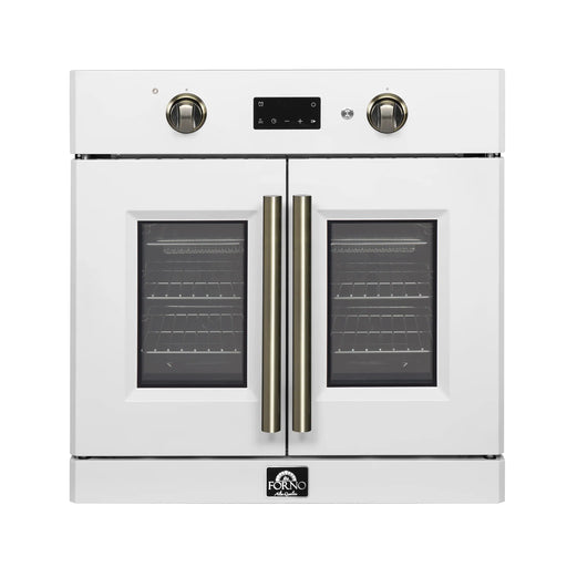 White single wall oven front with two brass vertical handles and dark window