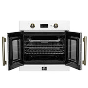 White single wall oven interior view with racks and heating elements, door open