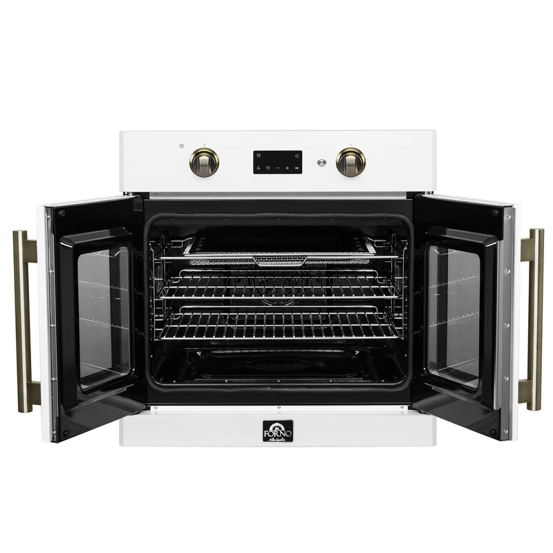White single wall oven interior view with racks and heating elements, door open