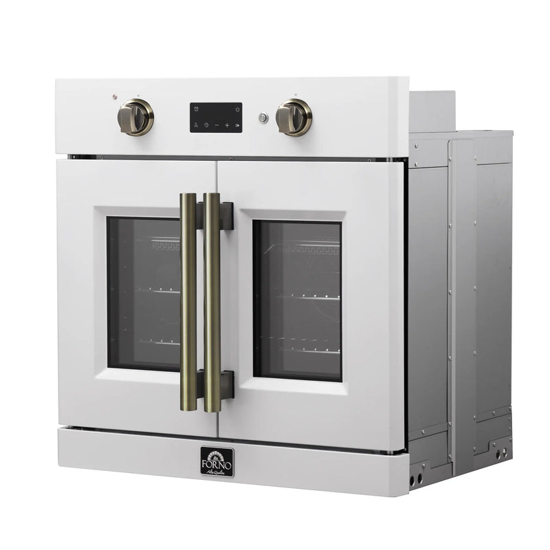 White single wall oven front view with brass handle accents and control panel