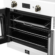 White single wall oven with open door, black interior and wire racks with bake tray