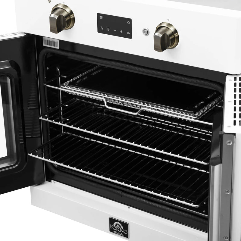 White single wall oven with open door, black interior and wire racks with bake tray