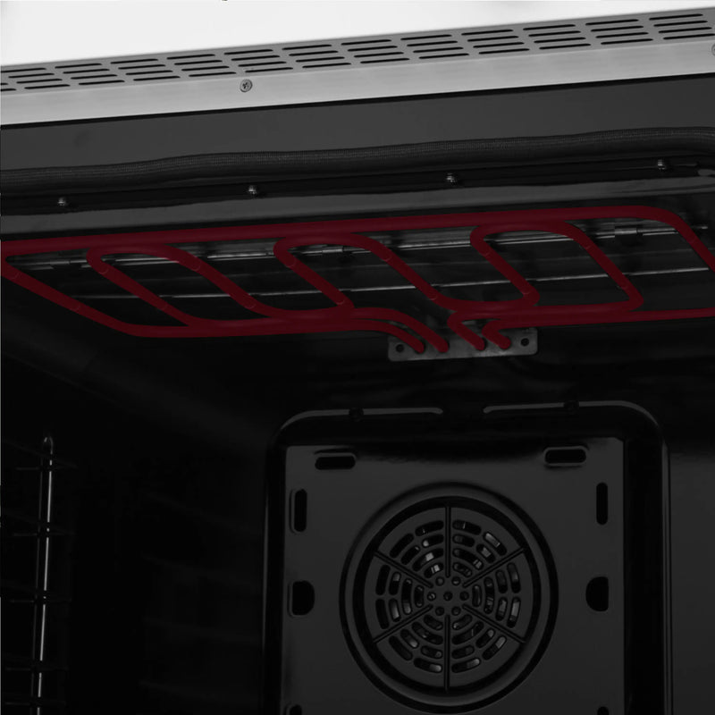 Black oven cavity close-up of rear fan through oven vent opening