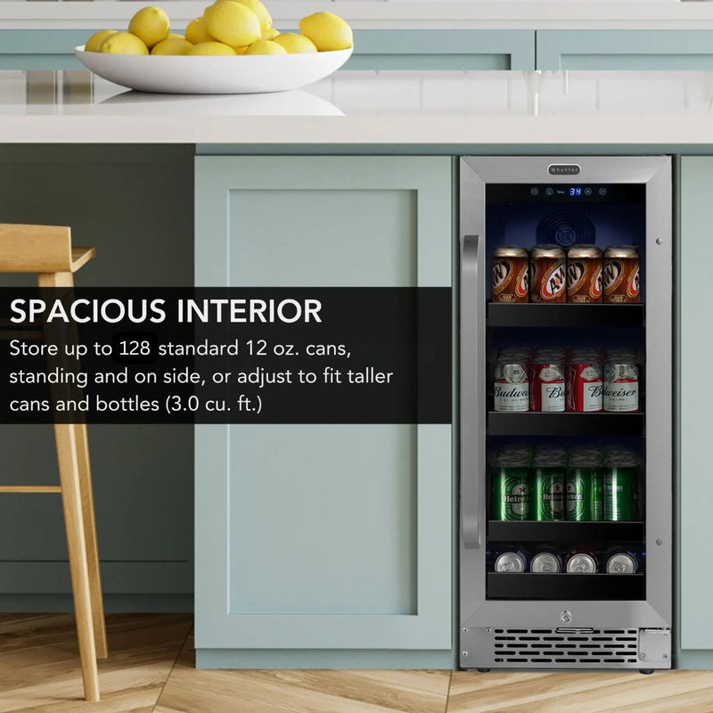 Whynter BBR-838SB 15” Built-In Beverage Refrigerator – 128 Can Stainless Steel Undercounter Fridge with Glass Door, Lock & LED Lighting Whynter