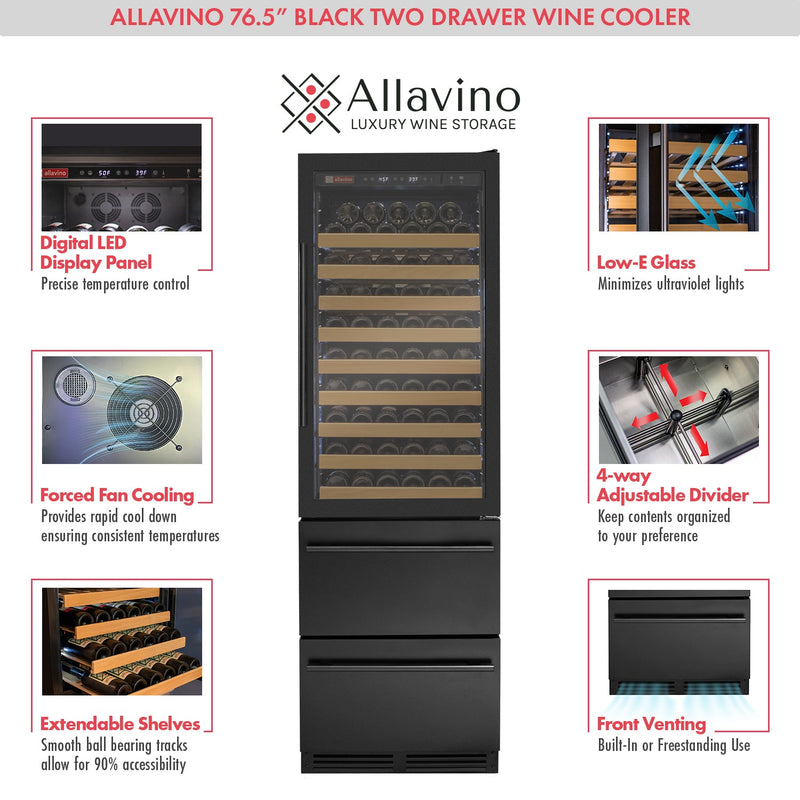 76.5" Tall Black Wine Refrigerator with Two Refrigerated Drawers Allavino