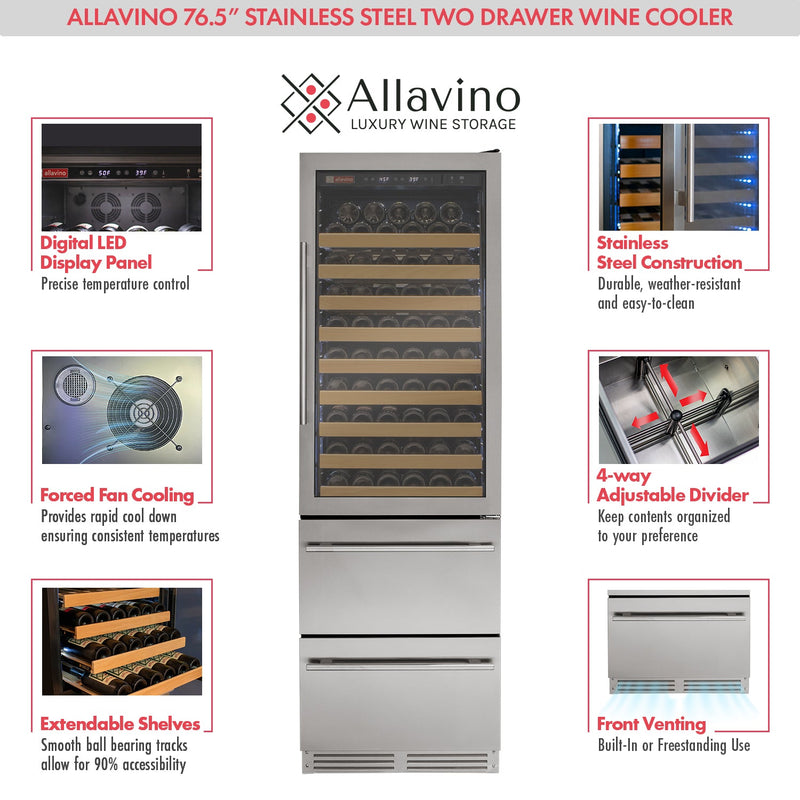 76.5" Tall Stainless Steel Wine Refrigerator with Two Refrigerated Drawers Allavino