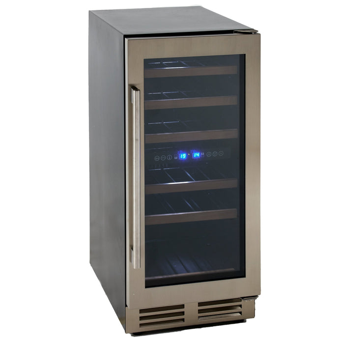 Avanti - WCF282E3SD, Avanti DESIGNER Series Dual - Zone Wine Cooler, 28 Bottle Capacity, in Stainless Steel with Wood Accent Shelving - CulinaryProfis